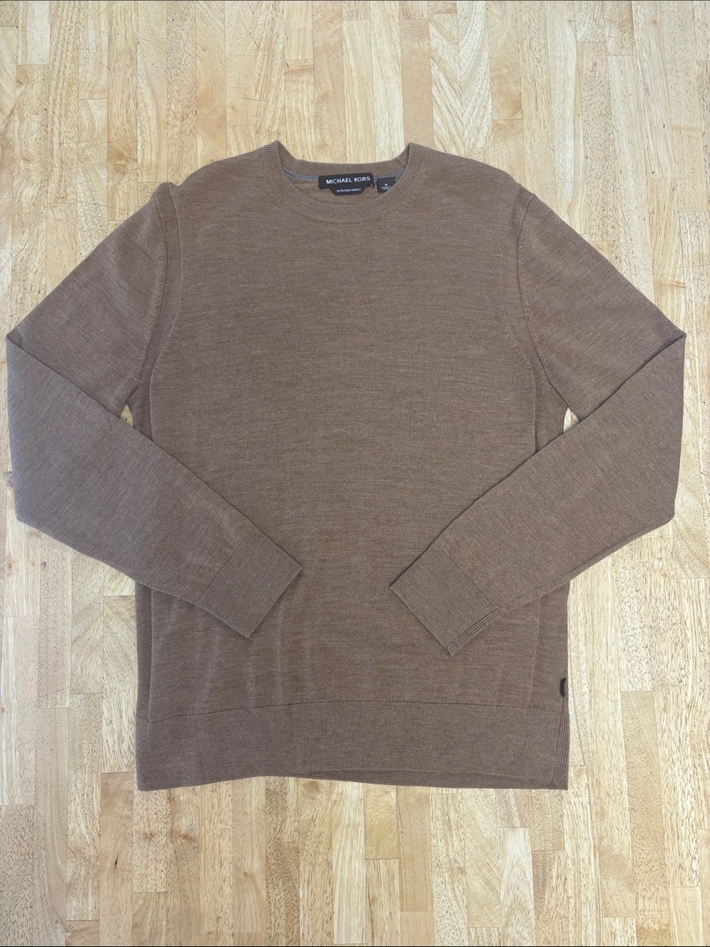 Michael Kors Extrafine 100% Merino Wool Crewneck Sweater Taupe Brown Knit Top M